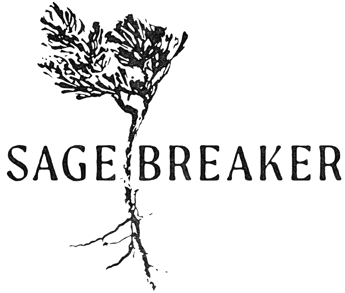 Sagebreaker brand name with logo art of sagebrush