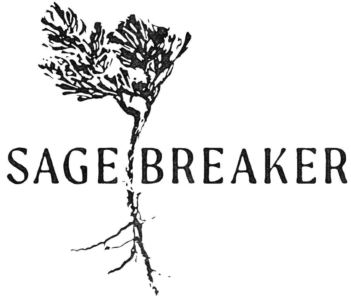 Sagebreaker brand name with logo art of sagebrush