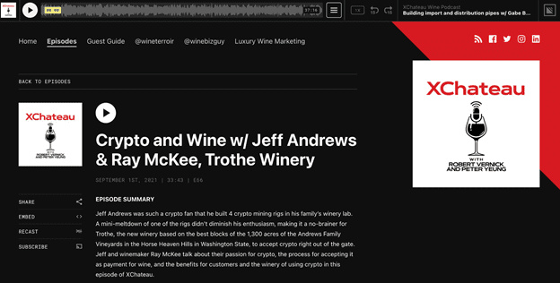 Screenshot of XChateau Wine Podcast page for the episode with Trothe.