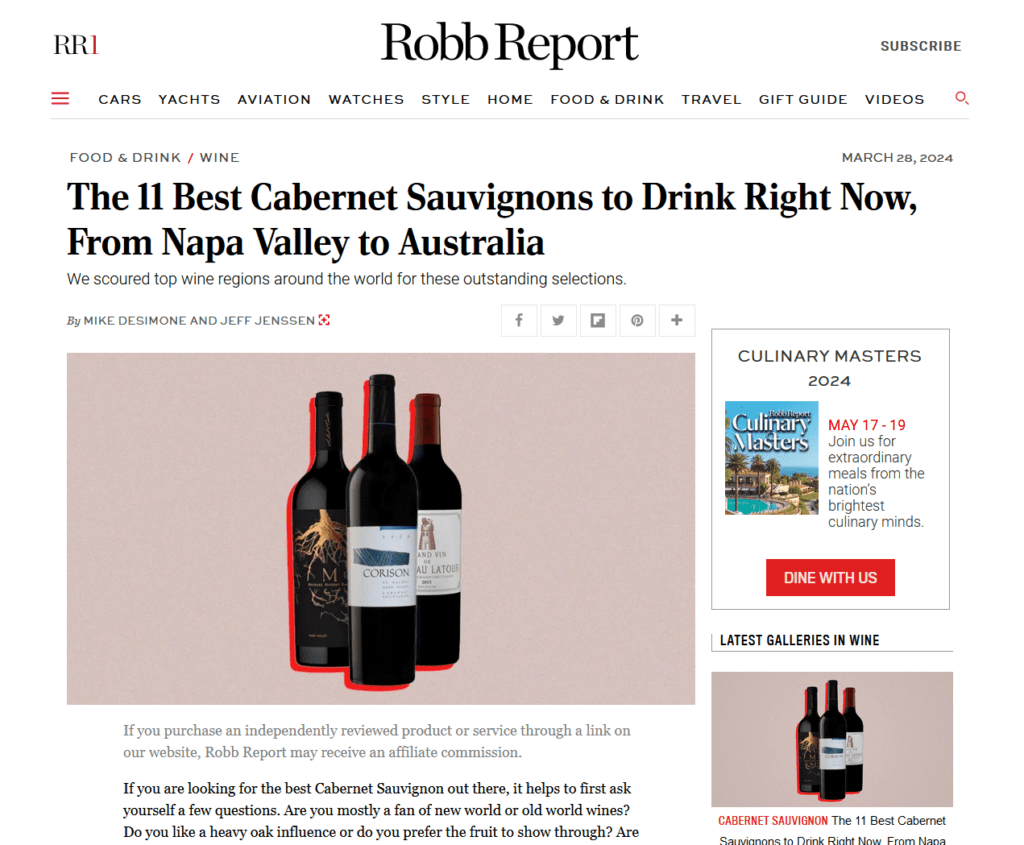 Headline of Robb Report Shares the 11 Best Cabernets Sauvignons from Around the World